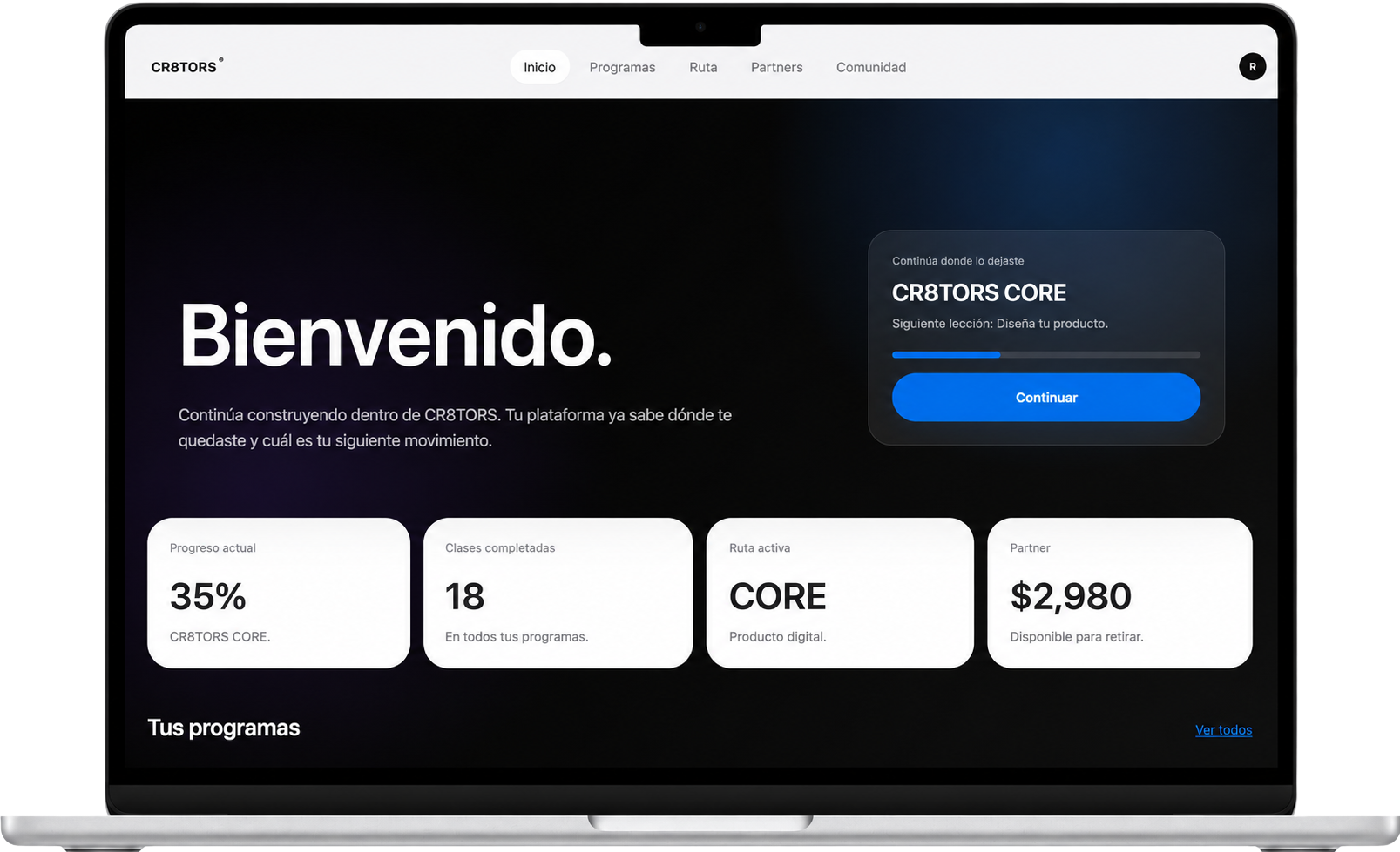 Plataforma CR8TORS en una laptop